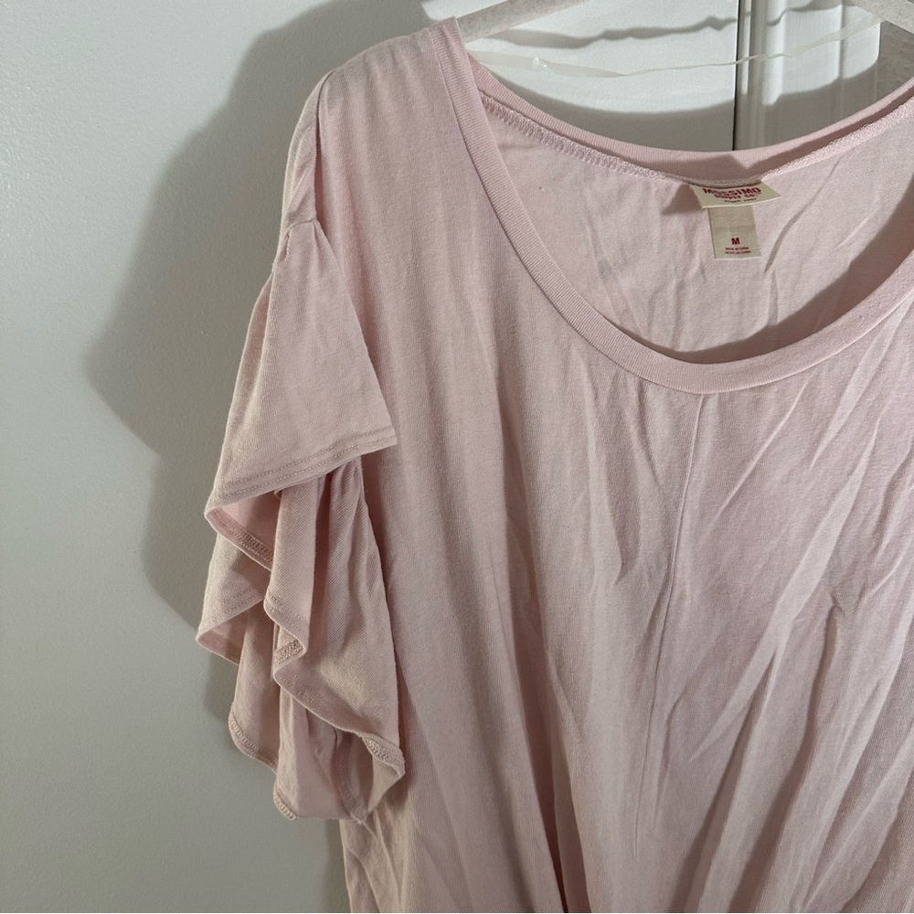 Light Blush Pink Ruffle Sleeve Top Blouse Target Medium Soft Flowy Tie Cropped - Picture 5 of 12
